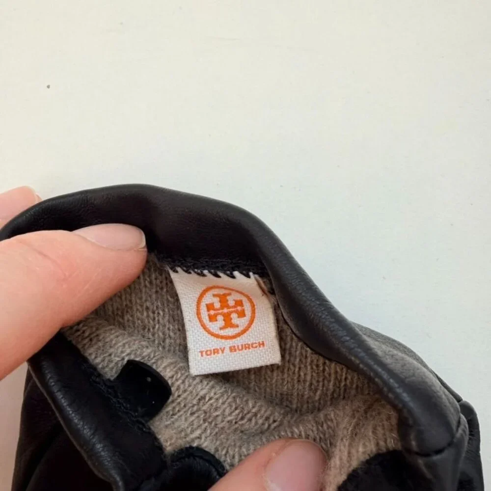 Tory Burch Black Leather Gloves with Gold Logo Hardware – One Size